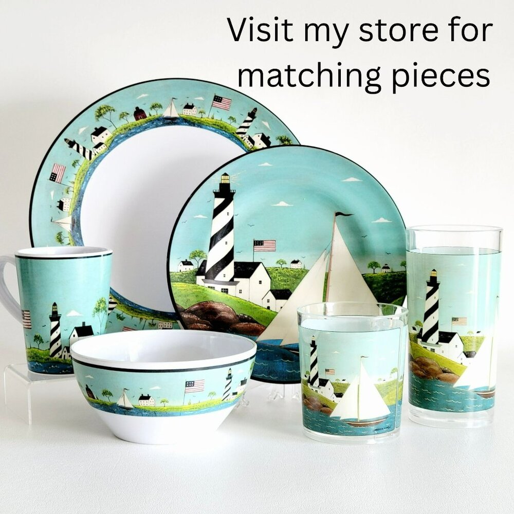 Coastal Breeze Plastic Dinner Plate Set Lighthouse & Flag Warren Kimble Folk Art - Picture 11 of 11